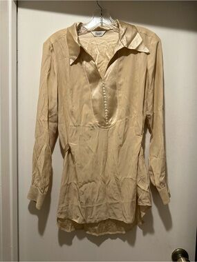 Toast Champagne Color 100%Silk Button-Front Tunic Shirt w Tie Back Size 10